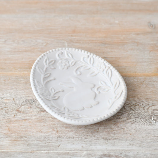 14cm White Embossed Rabbit and Flower Dish