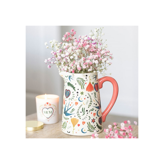 Cream Folk Print Ceramic Flower Jug